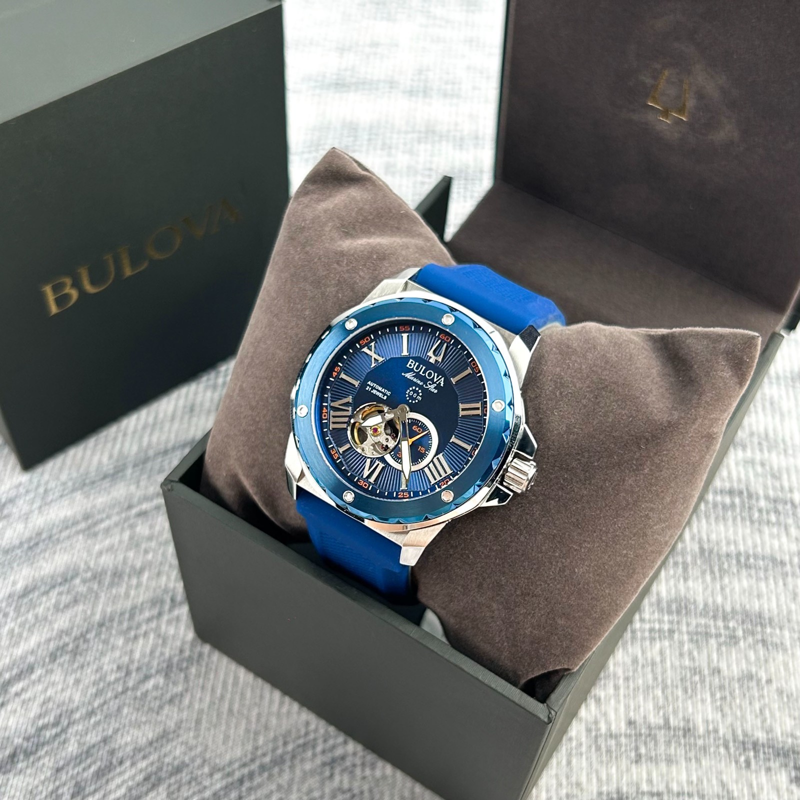 Bulova Marine Star Blue Dial-Blue Rubber Strap Men’s Automatic Watch 98A303