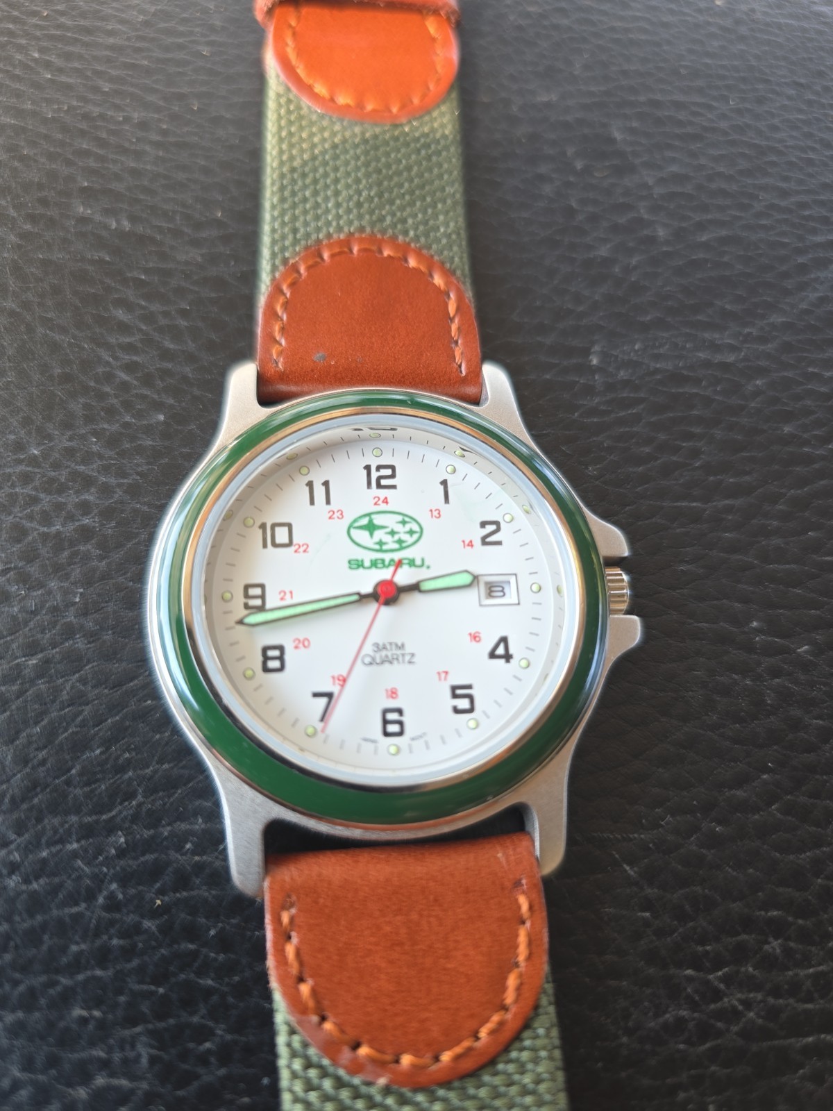 Subaru Mens Wrist Watch Silvertone Needs Battery 3Atm Leather Canvas Works GR8