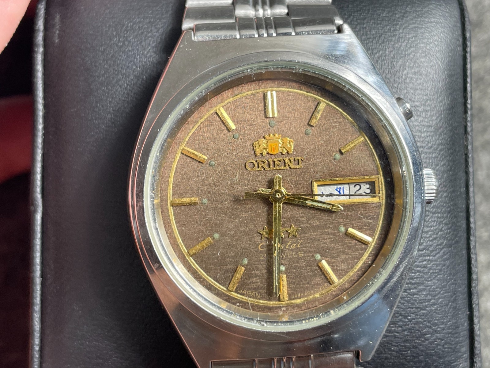 Orient 3 stars stainless steel automatic wristwatch brown dial Japan Cal.4694
