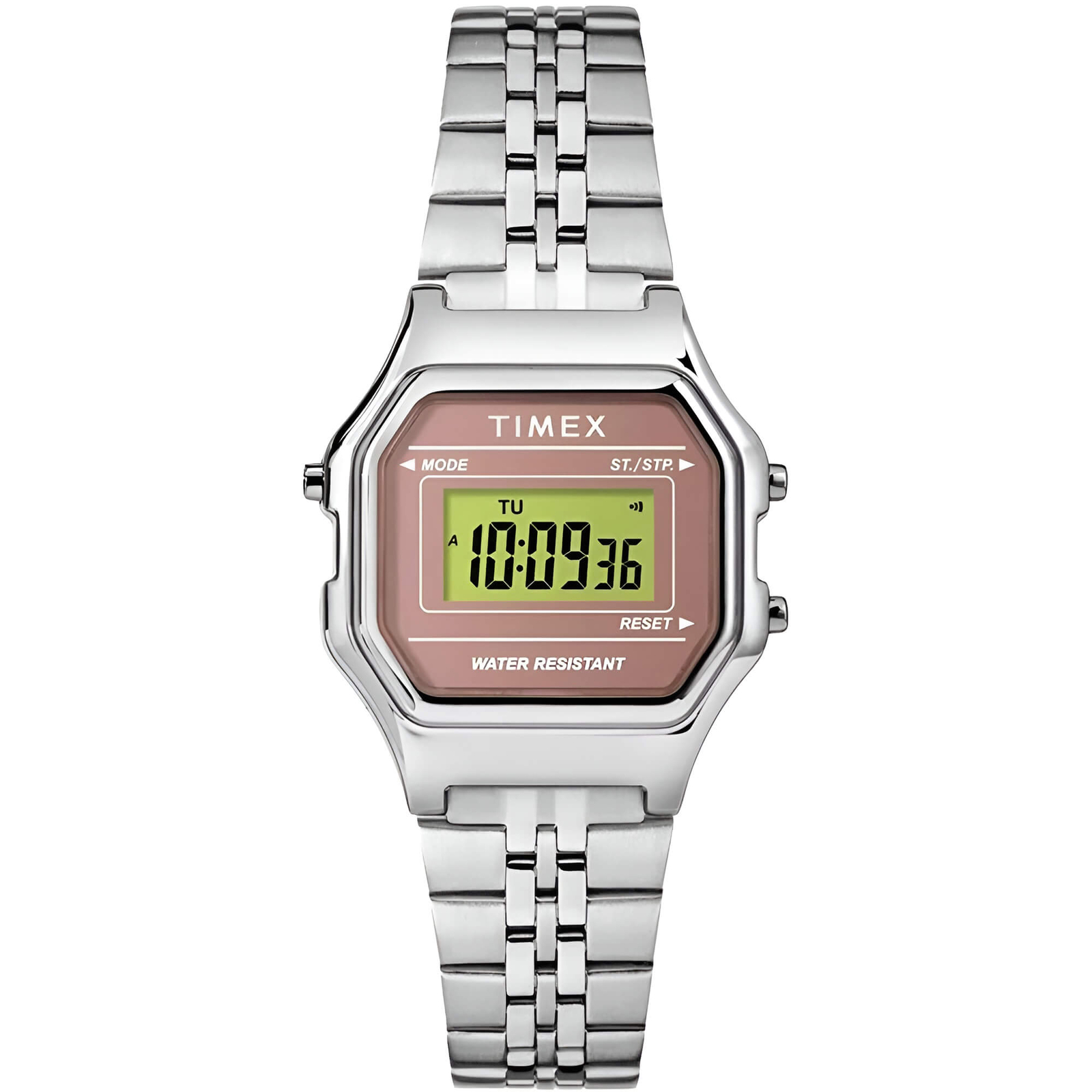 Timex Women’s Watch T80 Pink and Grey Dial Silver Bracelet Digital TW2T48500