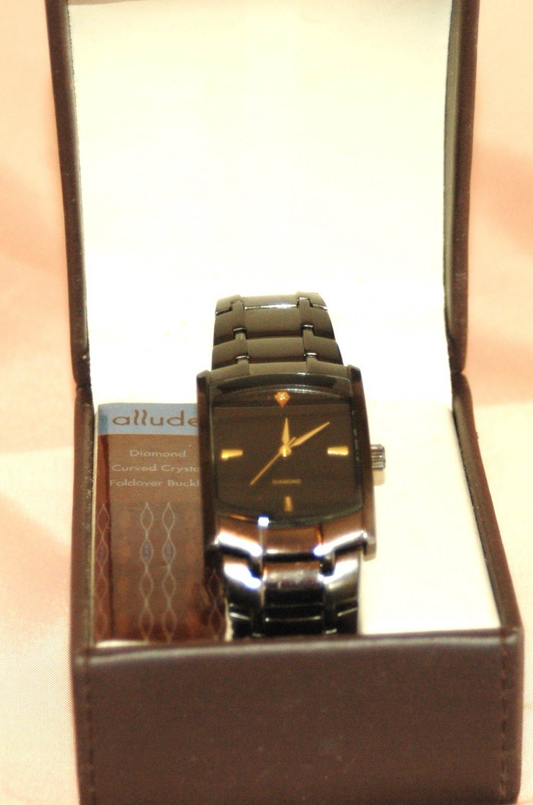 Allude Diamond Quartz Black Rectangle Metal Wristwatch Diamond Accent Box