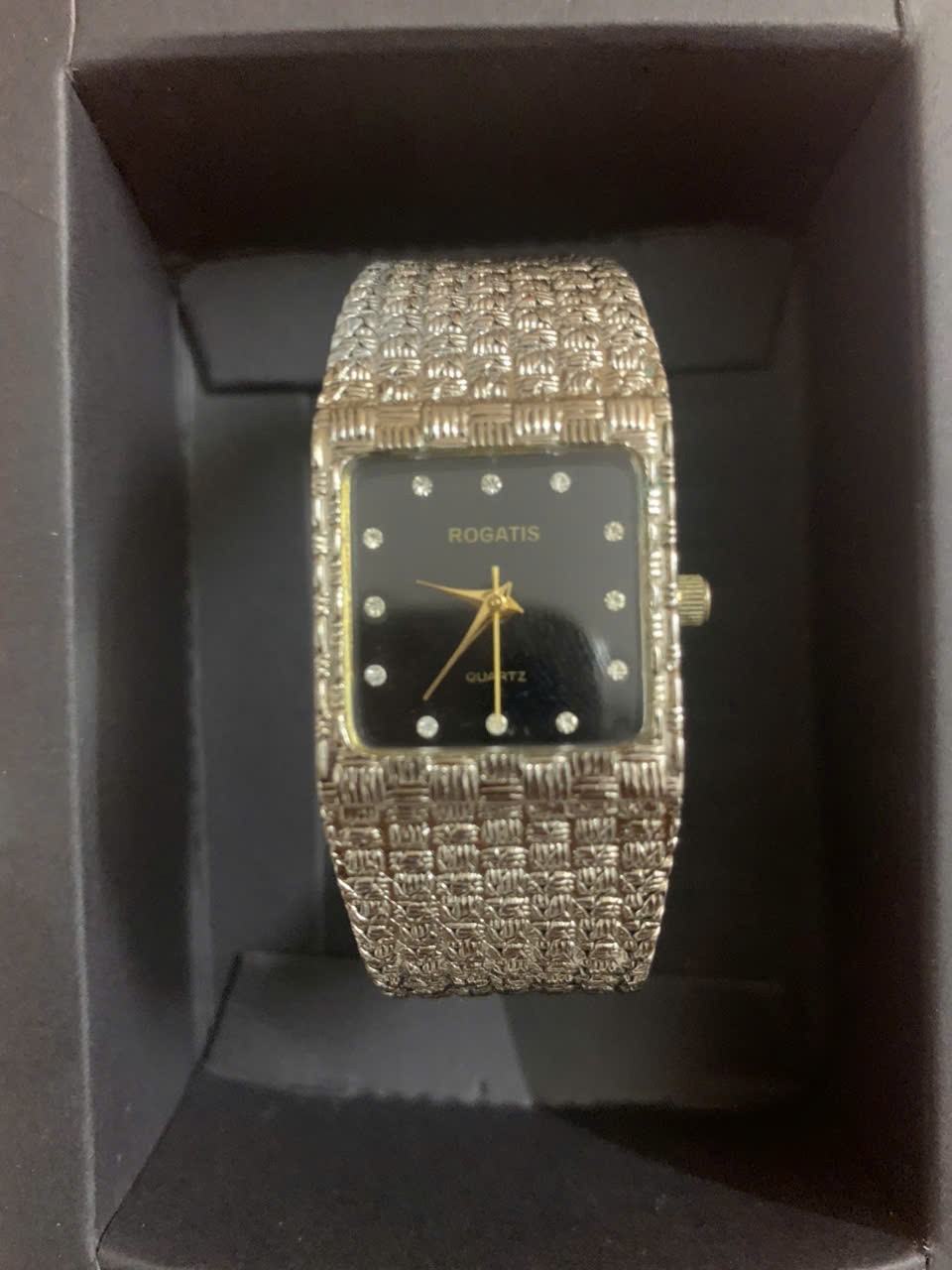 ROGATIS Quartz Vintage Watch Black Dial Silver-Tone Metal Band Elegant Classic