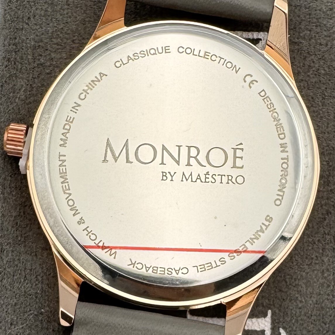 Monroe by Maestro Classique Rose Gold Gray Leather Quartz Watch w/ Pouch