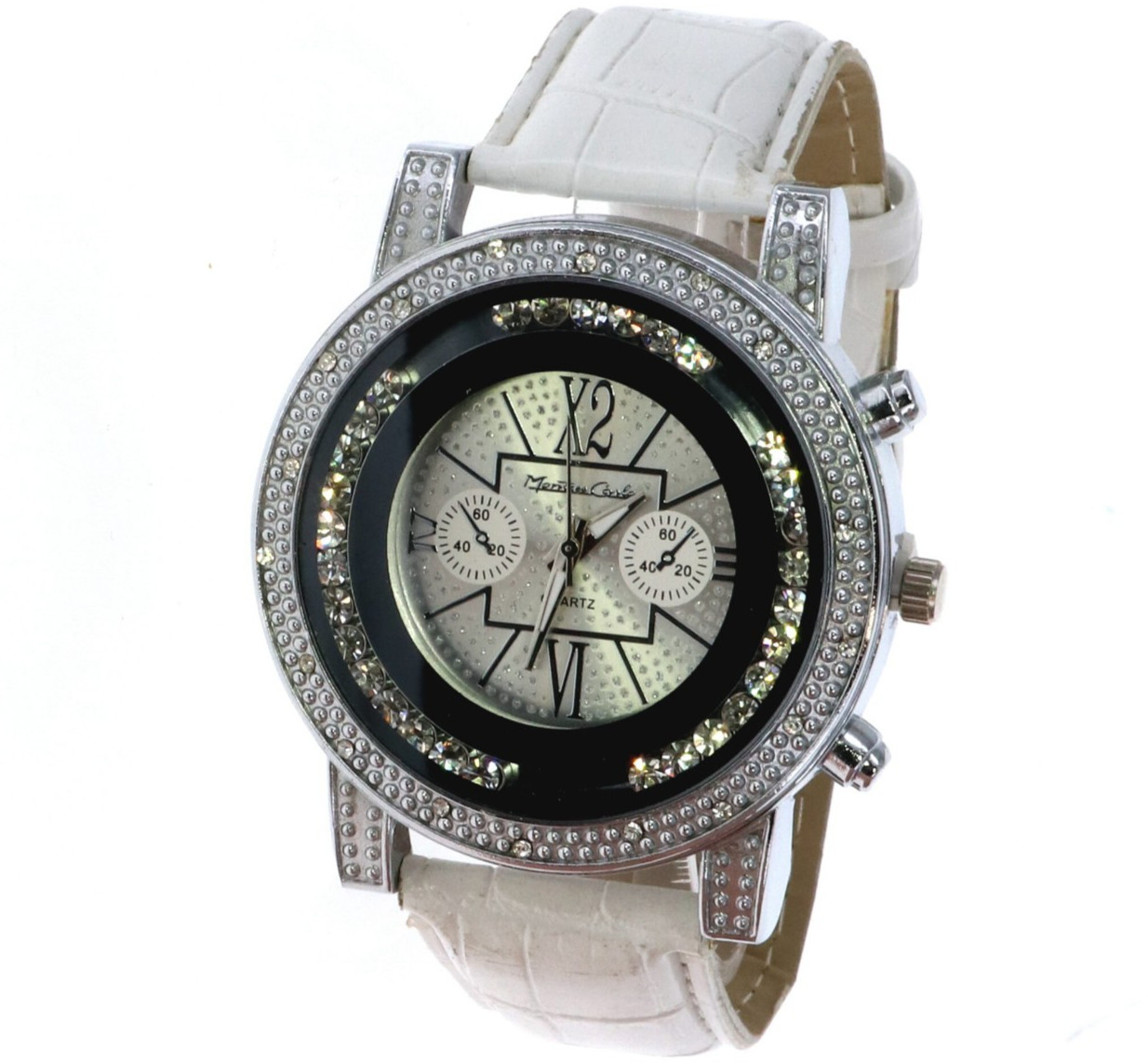 Hip Hop Men’s Floating Clear Stone, Silver Tone White Leather Band Watch