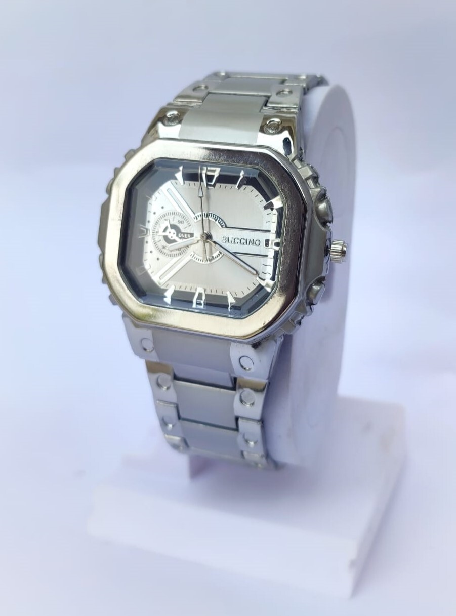 Men’s Futuristic Style Watch Stainless Steel Strap Silver & Black Quartz Urban