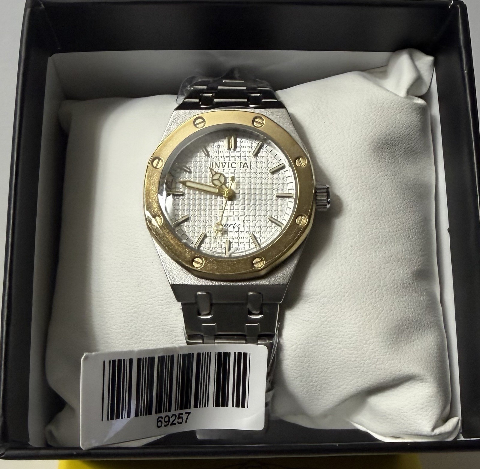 Invicta 69257 Silver Dial Gold Bezel Stainless Steel Quartz Watch New