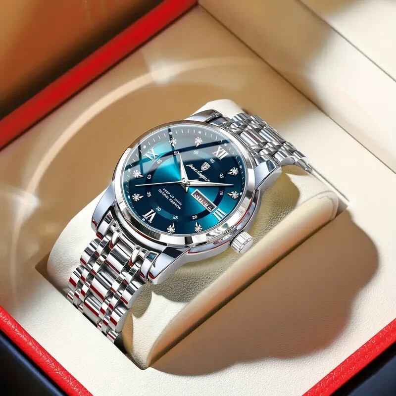 Poedagar Men’s Stainless Steel Blue Dial Quartz Luminous Day/Date Wrist Watch