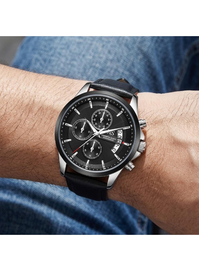 Kenneth Scott Men’s Chronograph Watch | Black Dial, Black Leather Band, 42mm
