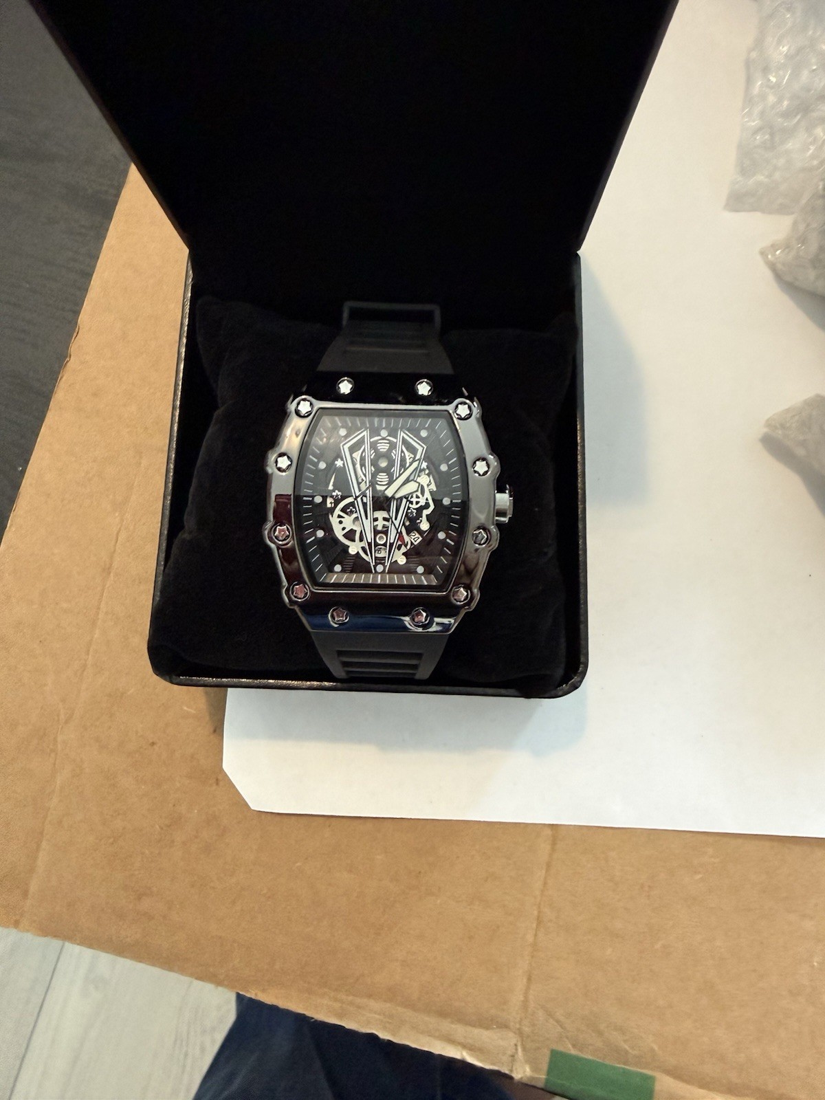 Tonneau Skeleton Analog Wristwatch Silver Case Black Rubber Strap w/ Box