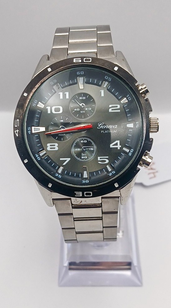 *New Battery* Geneva Platinum Chrono 42mm Charcoal/Grey Sunburst Dial 7.50inch