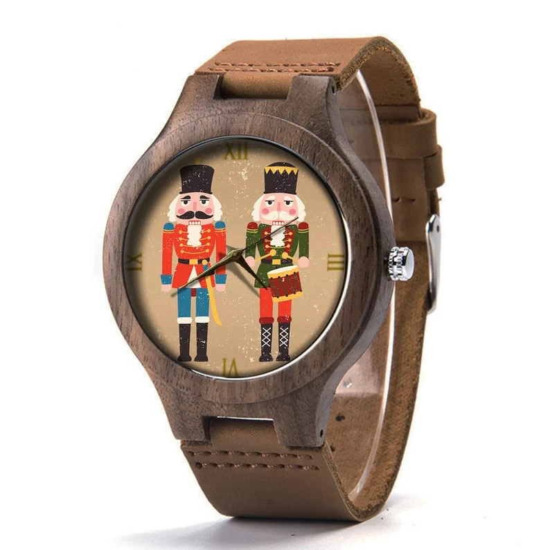 Christmas Nutcracker Wood Watch, Holiday Leather Wristwatch