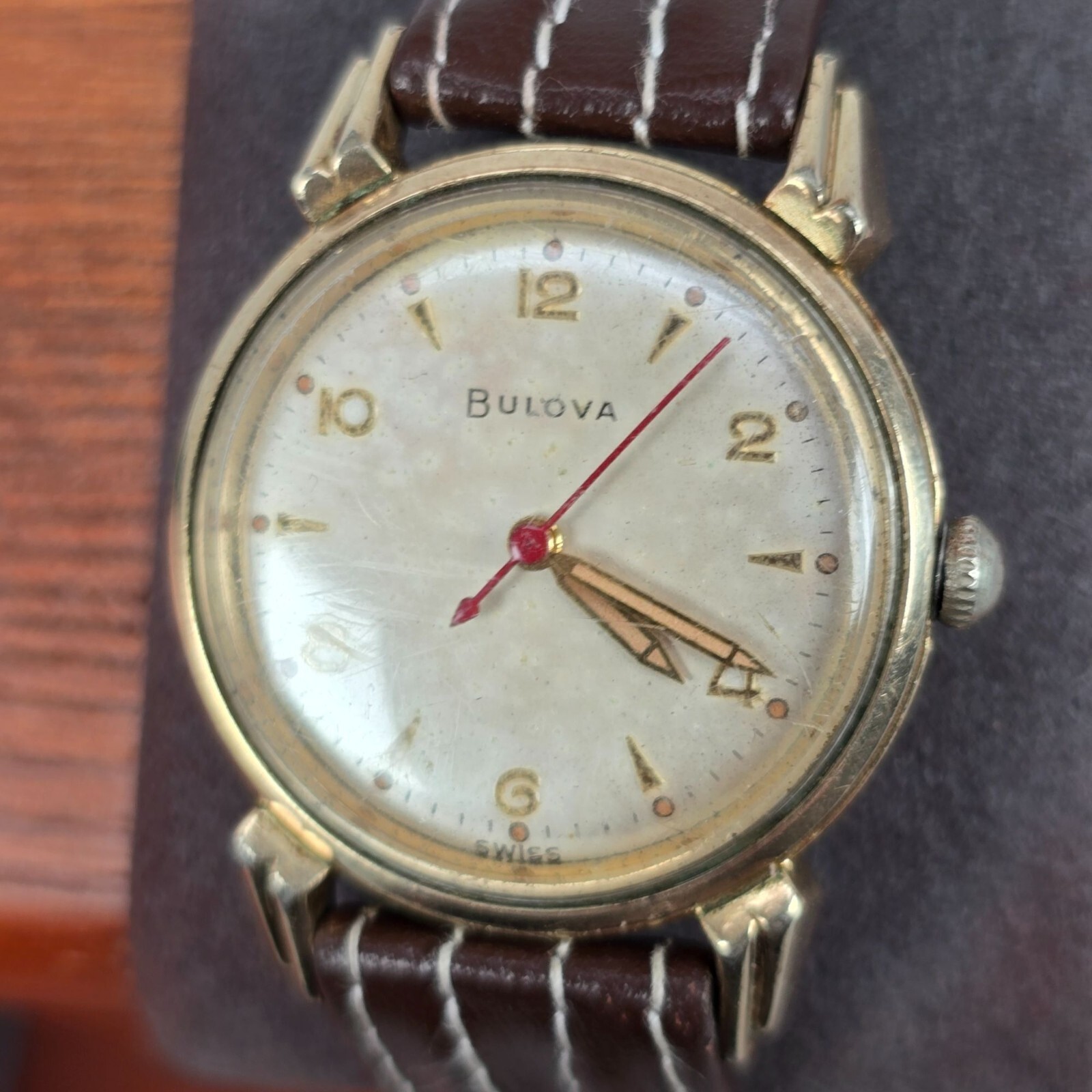 VTG 1957 Bulova Convoy Mens Wrist Watch Gold-Tone Manual Wind Leather Band L7
