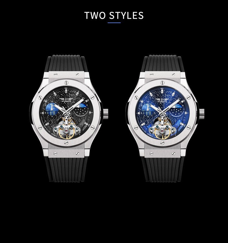 PINDU Men’s Automatic Skeleton Tourbillon Watch Starry Sky Dial 12-Hour Sub-Dial