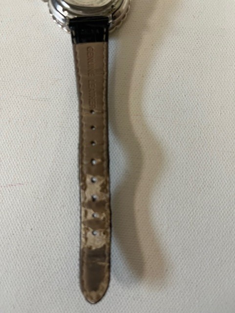 Ecclissi Sterling Silver Watch with Black Leather Band Mother of Pearl Face