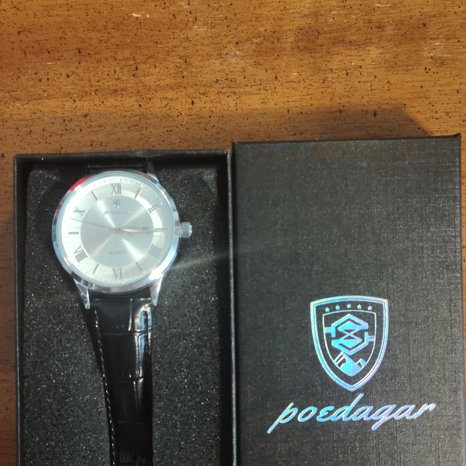 Poedagar Men’s Quartz Dress Watch Silver Dial Date Black Leather Strap w/ Box