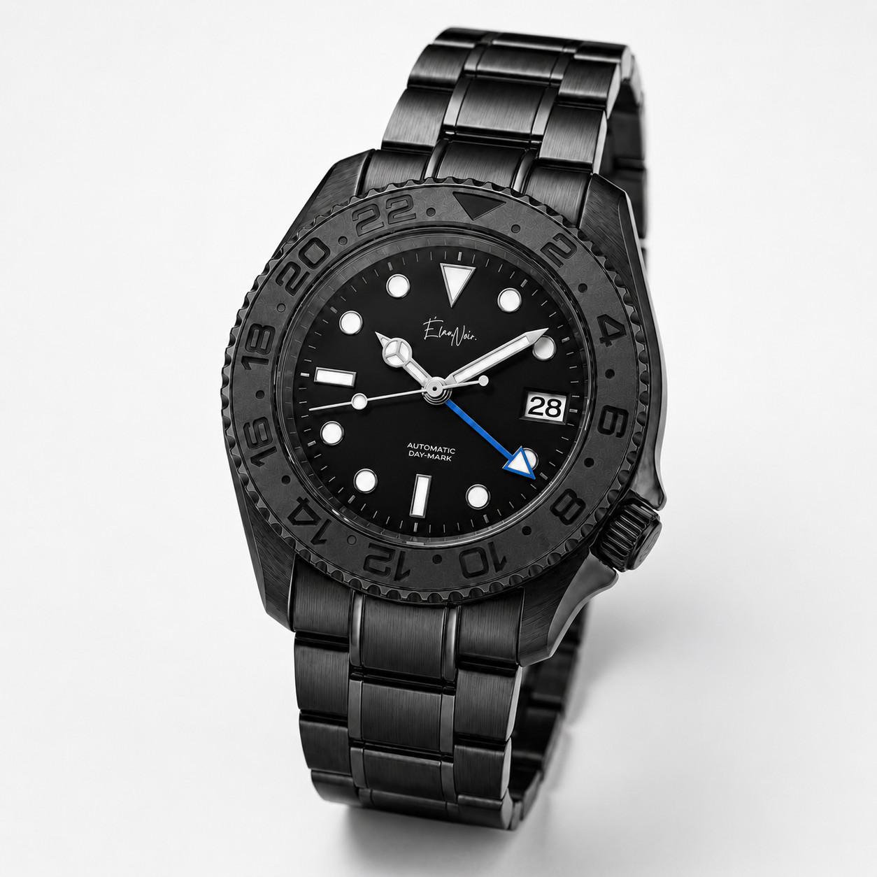 Élan Noir Automatic Day Date GMT Watch 41mm Black-Out NH35 Stainless Steel Blue