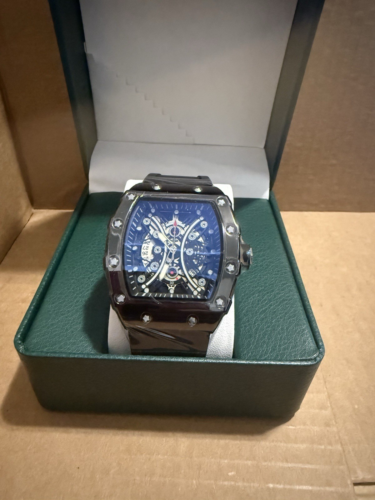 Men’s Tonneau Skeleton Dial Analog Watch Blue Dial Black Rubber Strap Date Box