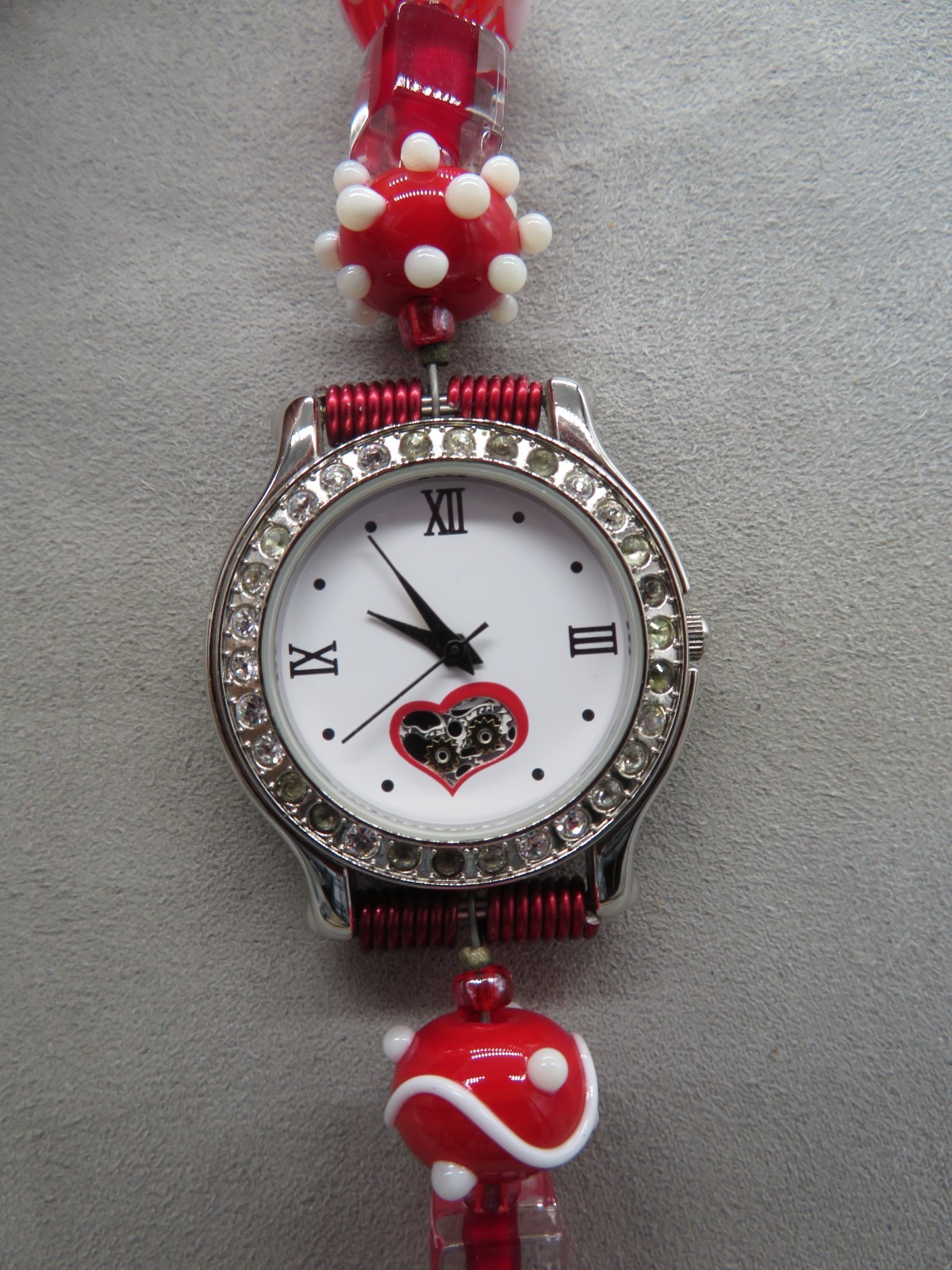 Unusual Gossip Watch Red, White & Clear Beaded Band Gemstone Bezel New Battery