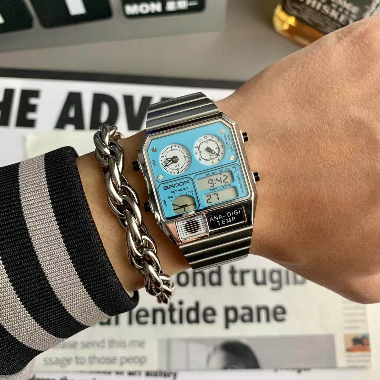 Retro Thin Square Sports Watch Luminous Alarm Waterproof Stainless Steel Band