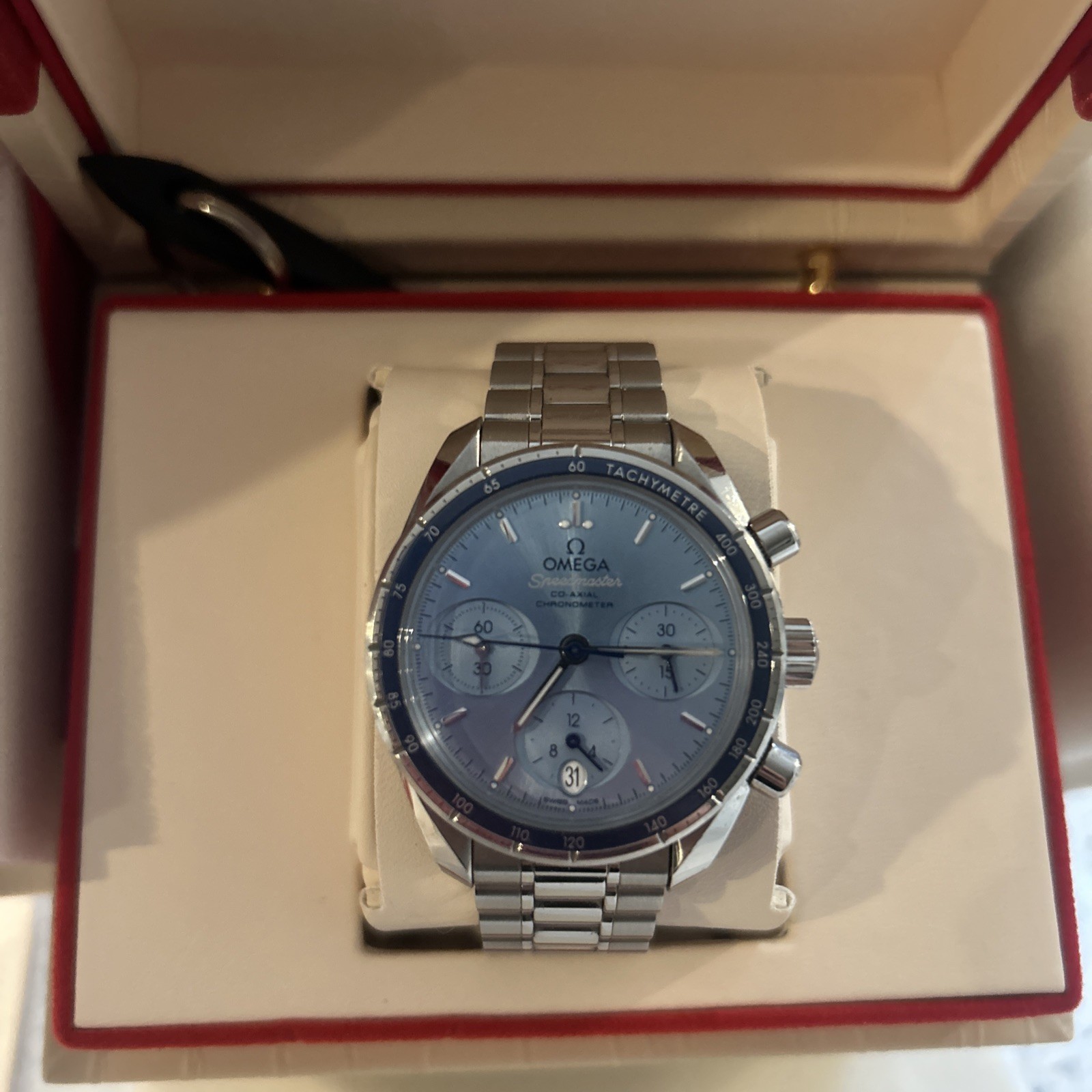 Omega Speedmaster 324.30.38.50.03.001 Ice Blue Dial 38mm Co-Axial Watch B/P
