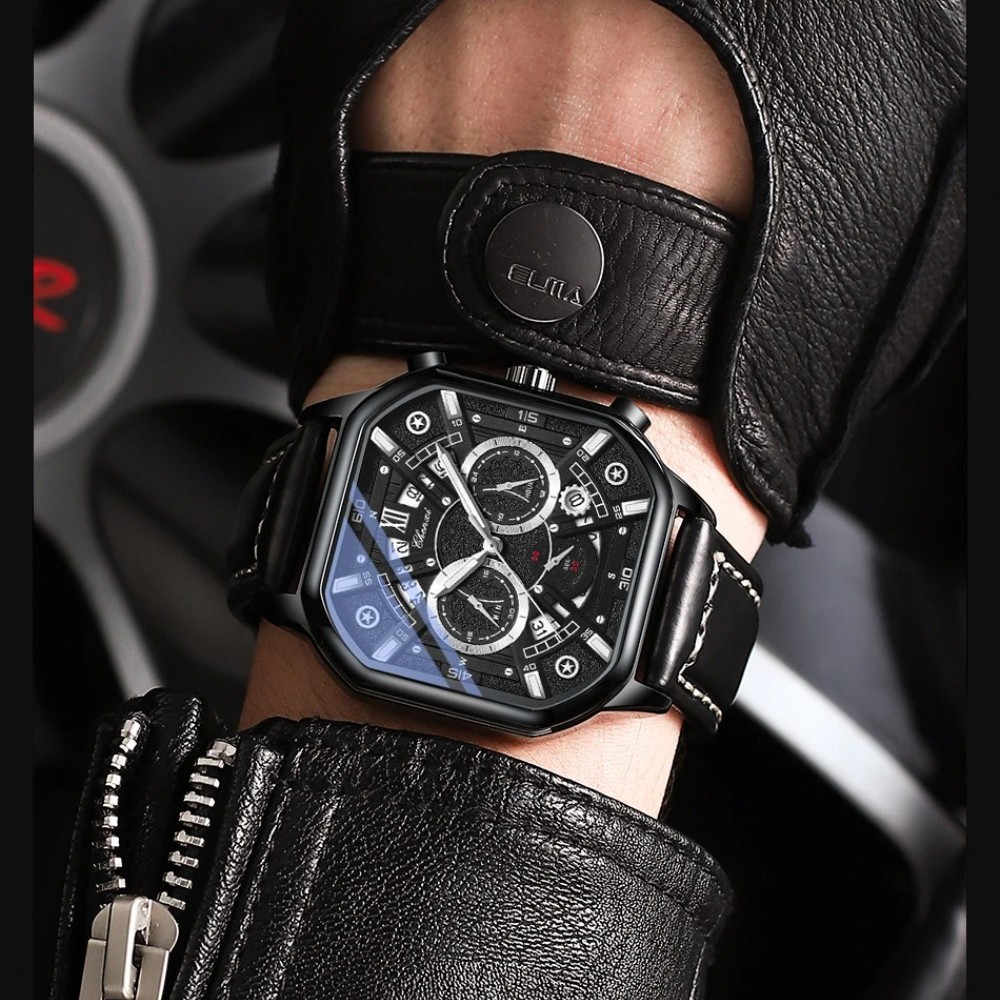 CHENXI Men Square Watch Multifunction Six-hands Luminous Boys Leather Wristwatch