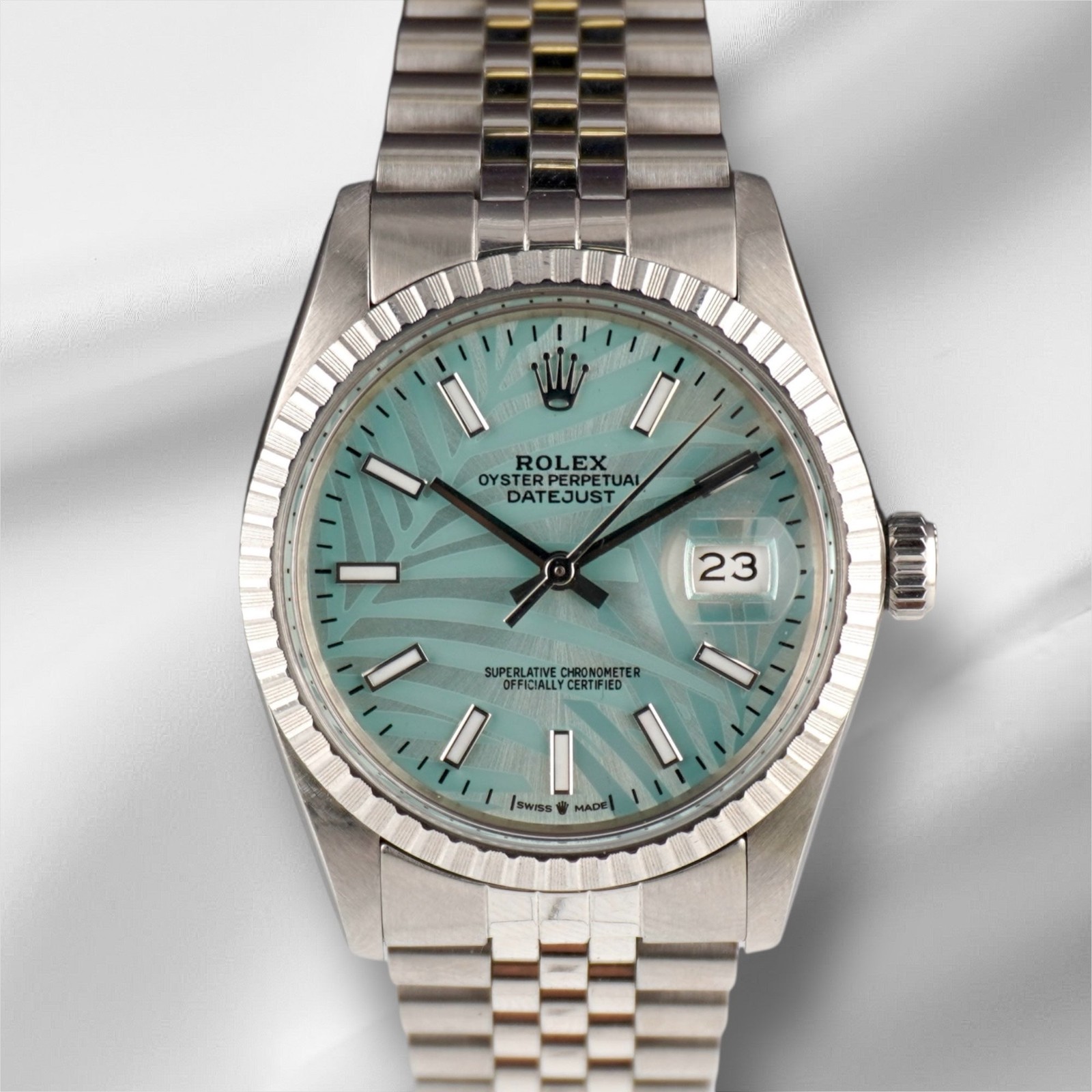Rolex 36mm Datejust Steel Engine-Turned Blue Palm Motif Dial Watch 16030