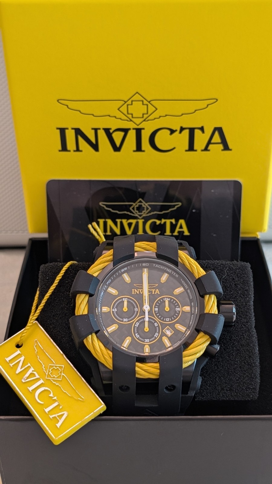 Invicta Mens Bolt 23871 Chronograph – 48mm Black/Yellow Trademark NE Sport Watch