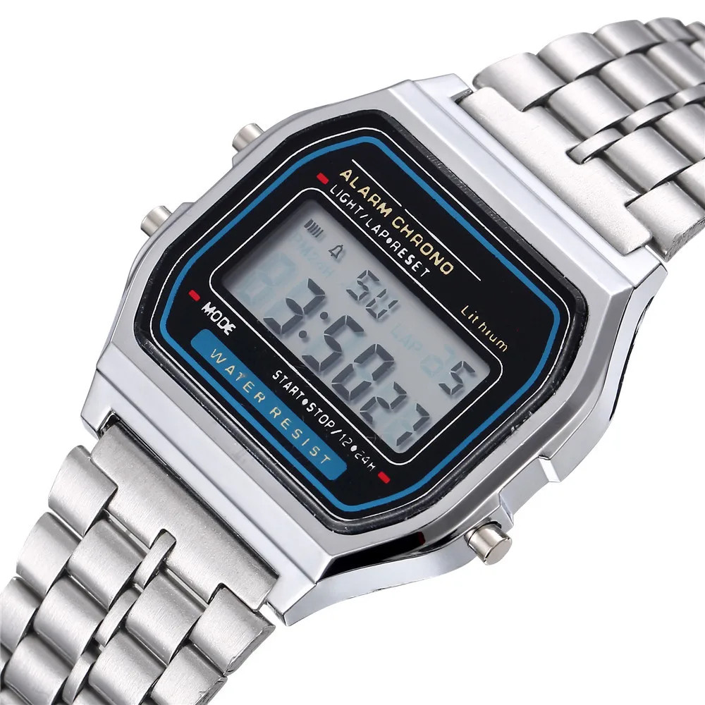 Men LED Digital Watch Stainless Steel Electronic Wristwatch Gold Silver Business