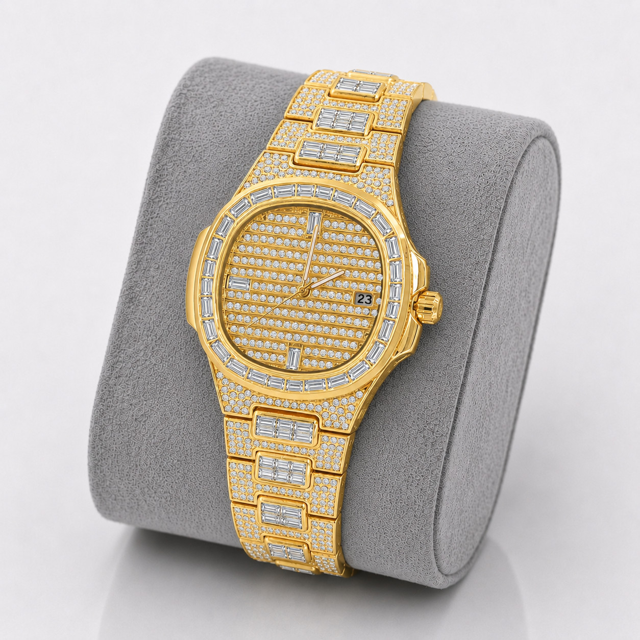 Mens Iced Out 14K Gold Plated Watch Baguette Crystal Hip Hop Quartz Date 40mm