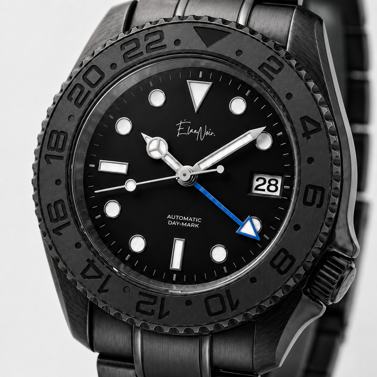 Élan Noir Automatic Day Date GMT Watch 41mm Black-Out NH35 Stainless Steel Blue