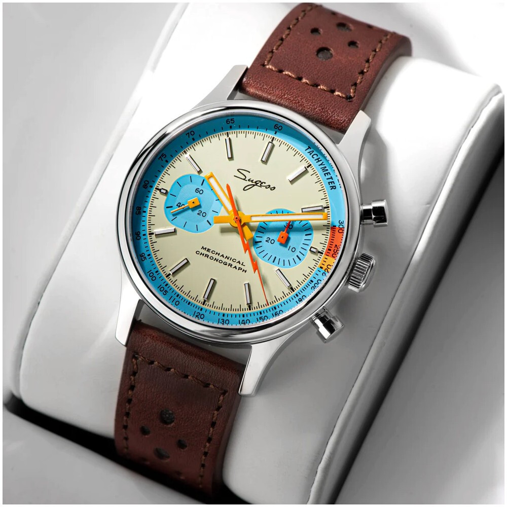 Sugess Chrono Heritage S387.01.Mens Chronograph Watch Teal Blue Panda 3 Straps