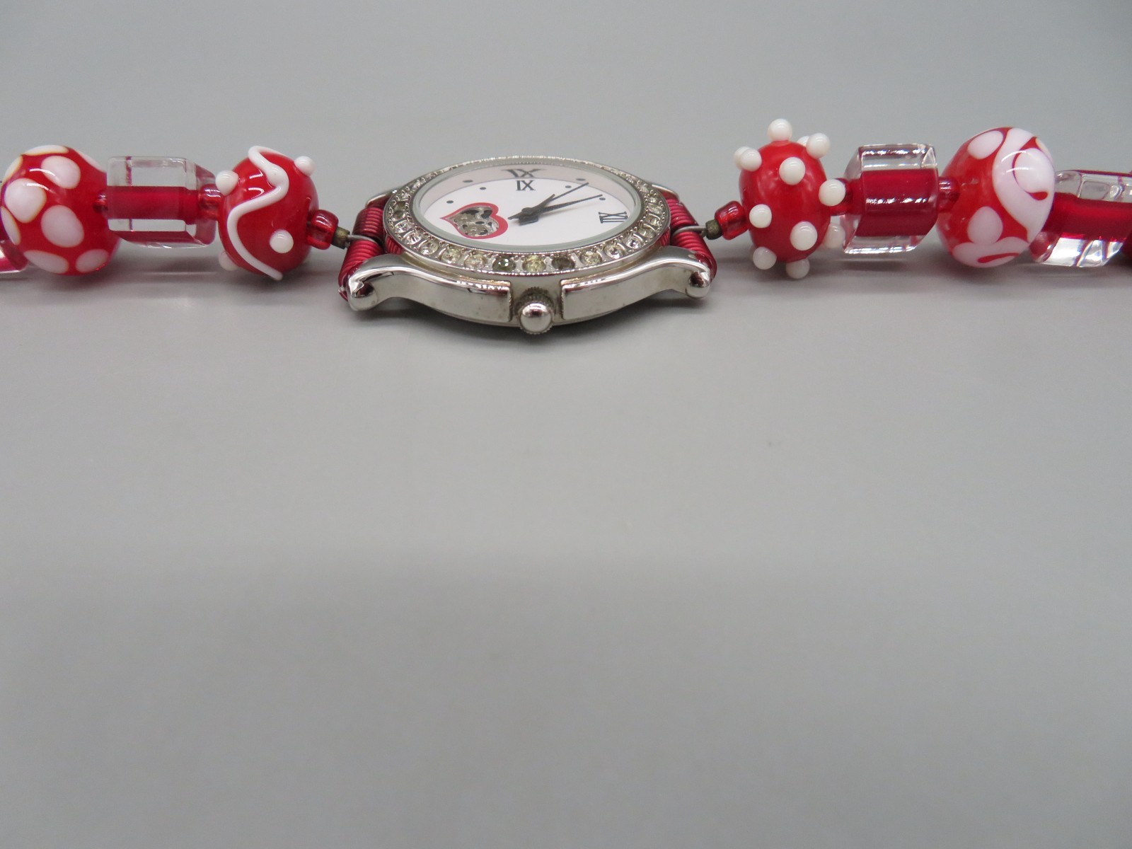 Unusual Gossip Watch Red, White & Clear Beaded Band Gemstone Bezel New Battery