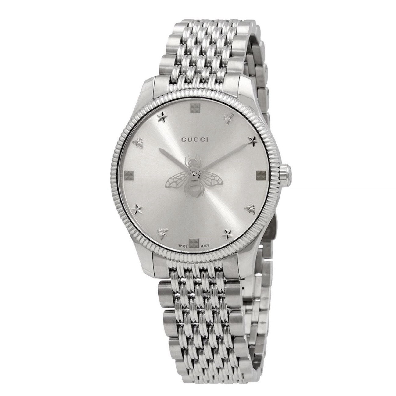 Gucci G-Timeless YA1264153 Silver Bee Motif 36mm Unisex Watch NEW With Box