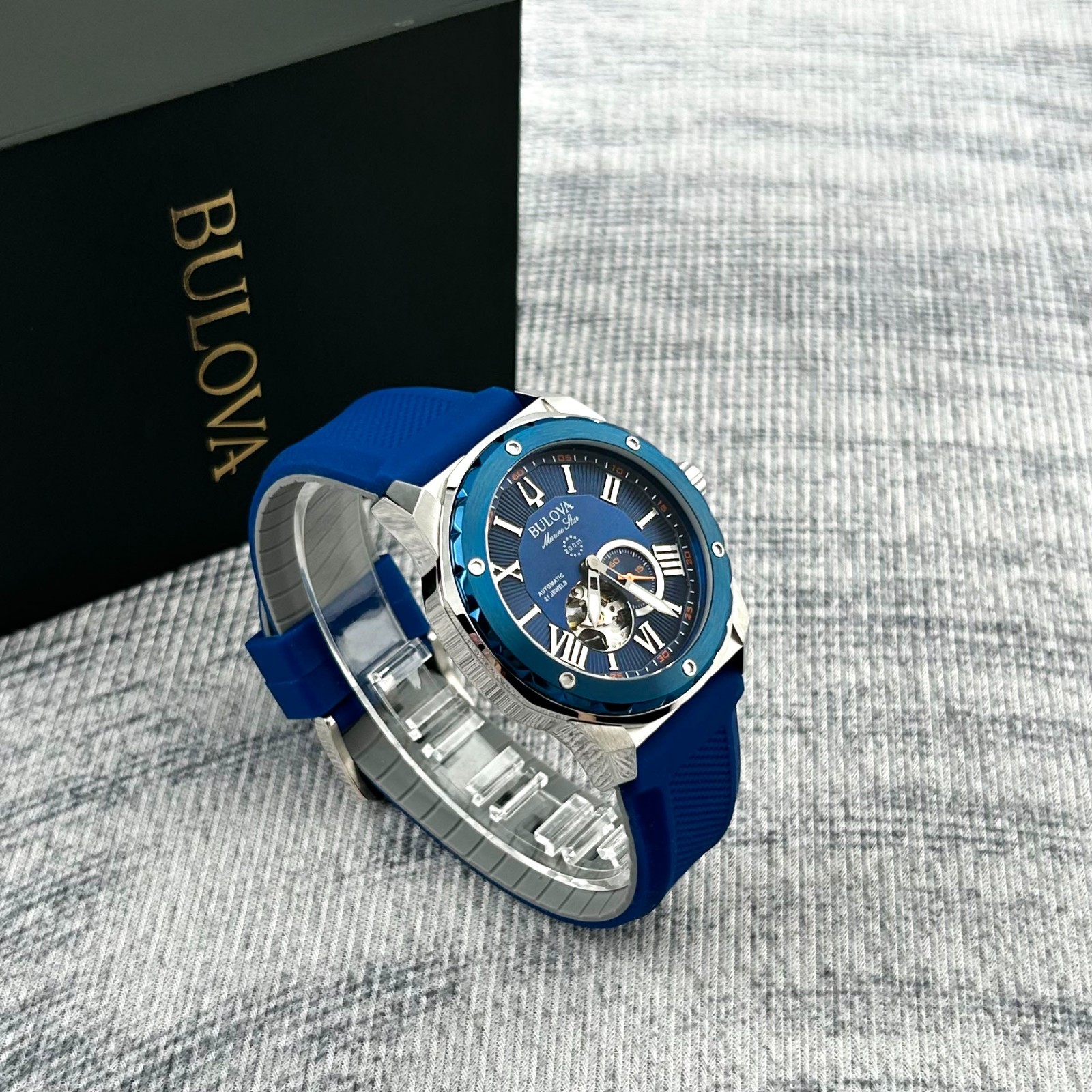 Bulova Marine Star Blue Dial-Blue Rubber Strap Men’s Automatic Watch 98A303