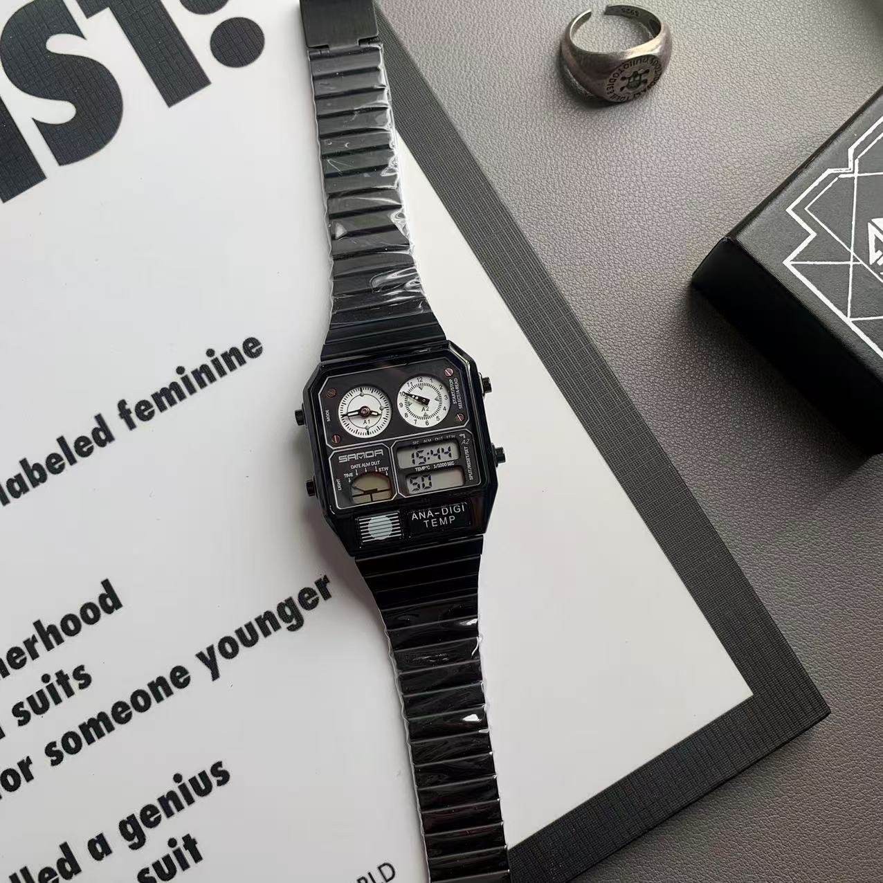Retro Thin Square Sports Watch Luminous Alarm Waterproof Stainless Steel Band