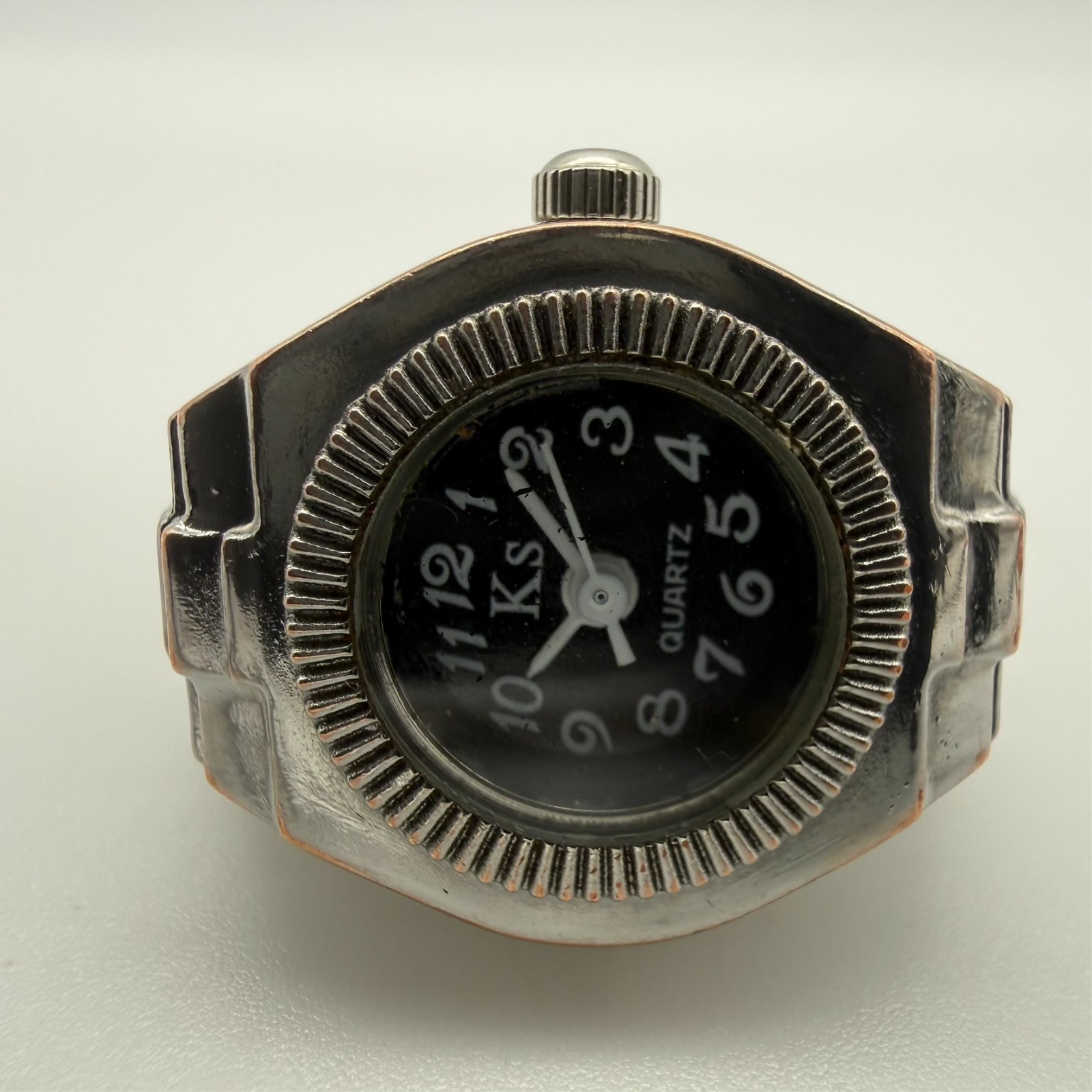Women’s KS Silver Tone Black Dial 20mm Quartz Ring Watch, Round Dial, Runs