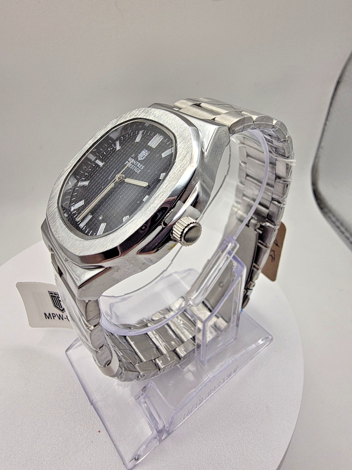 Montres Prestige Silver Stainless Steel Black Dial Analog Men’s Dress Watch 40mm