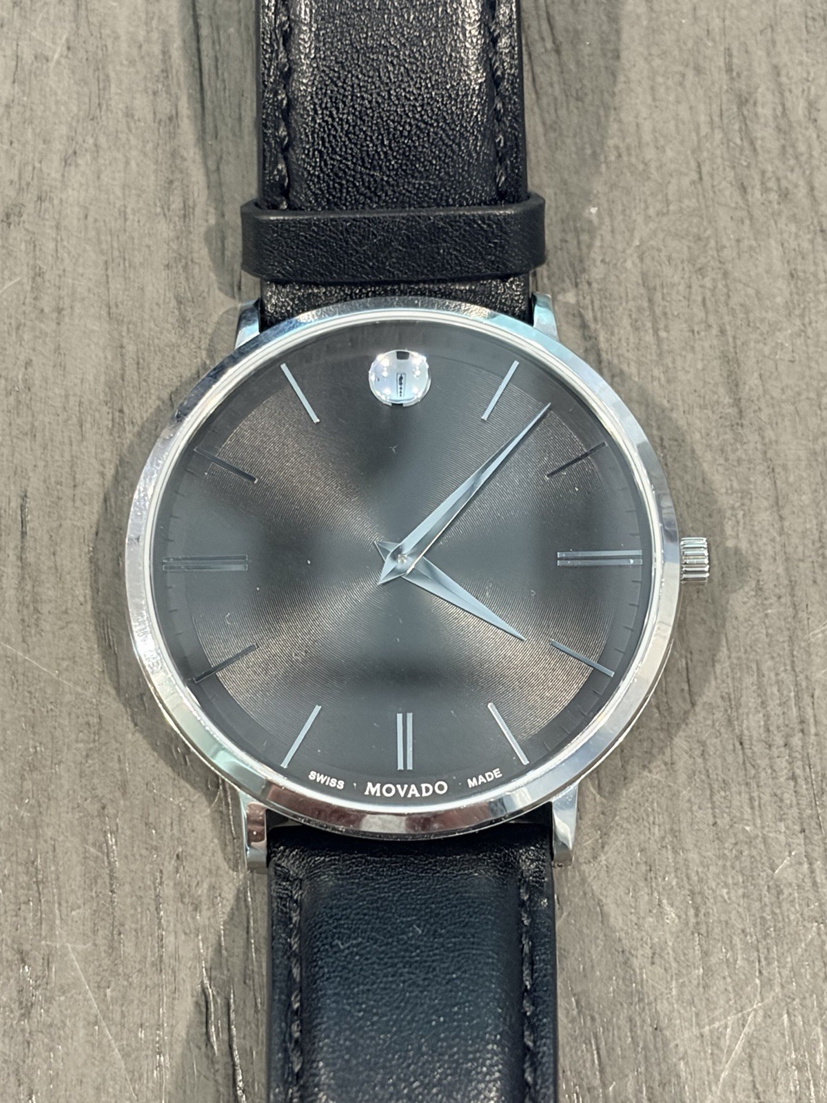 Movado Museum Swiss Made Quartz Sapphire Crystal Black Dial Black Leather