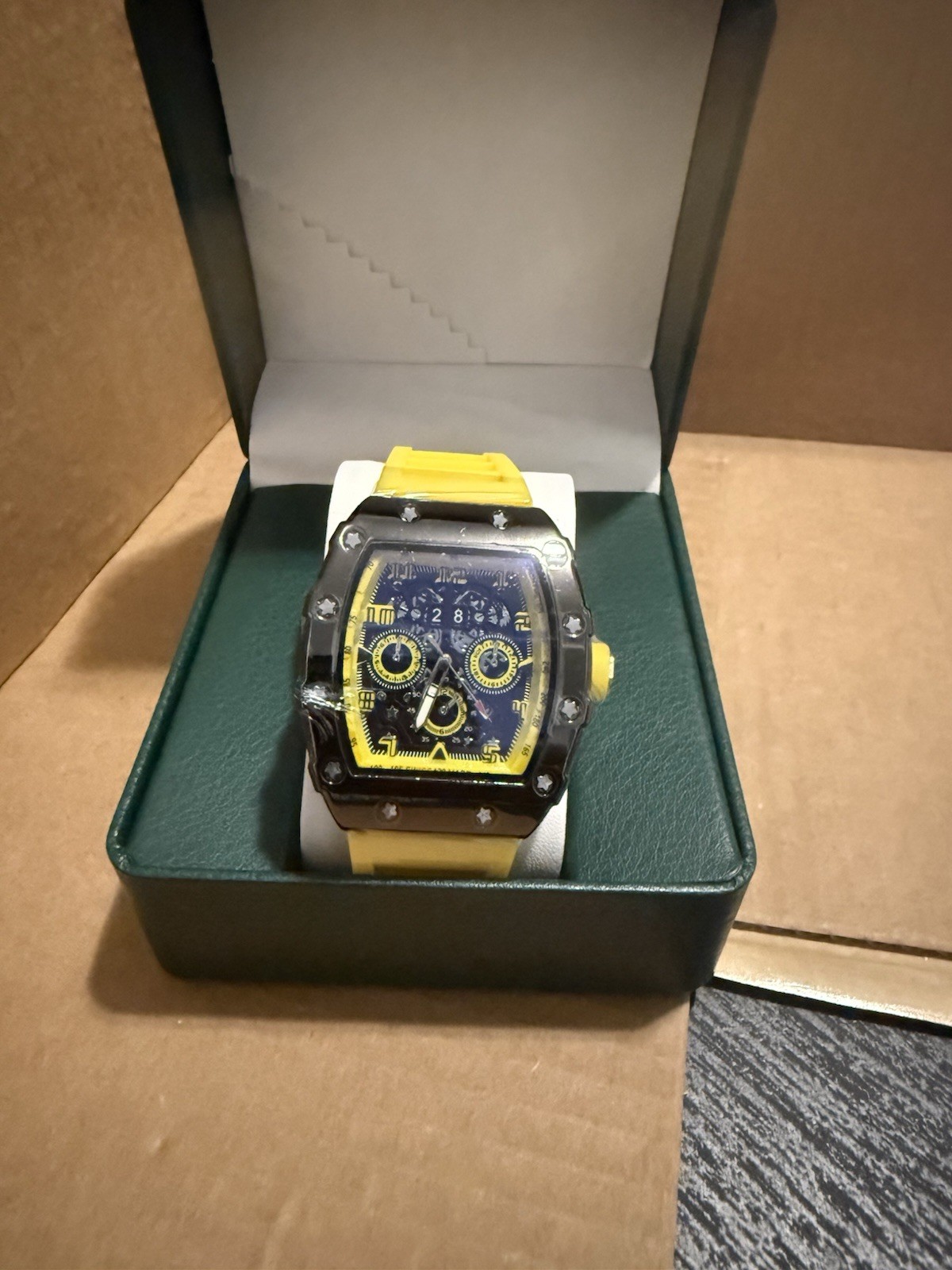 Men’s Tonneau Chronograph Analog Wristwatch Black Case Yellow Rubber Strap Box