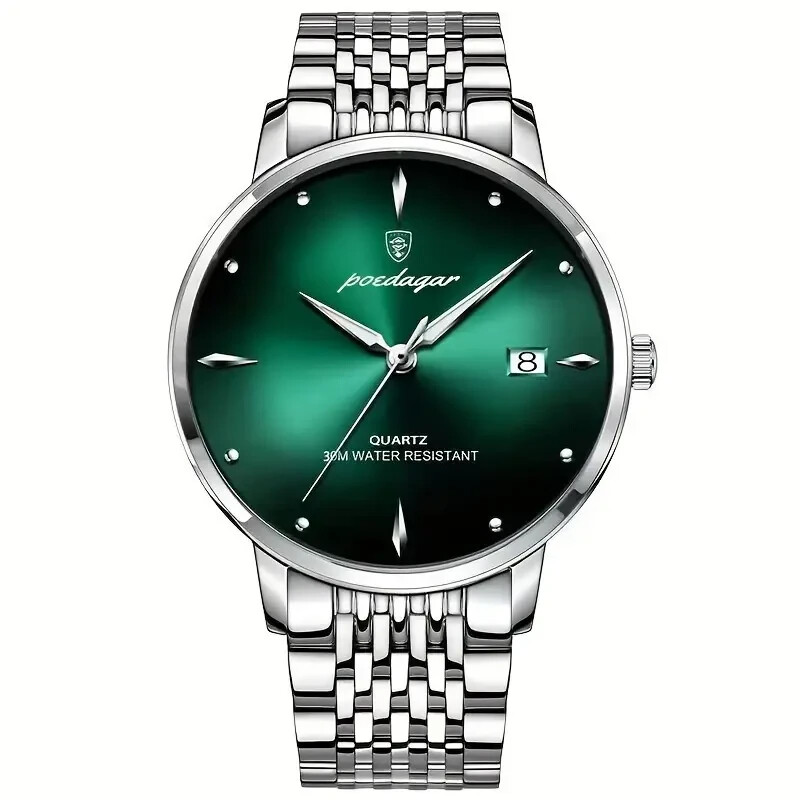 Poedagar Men’s Stainless Steel Green Dial Quartz Luminous Date Wrist Watch