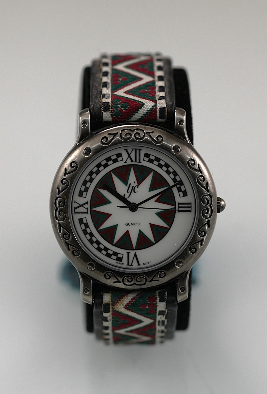 TJC Watch Men Stainless Steel WR Black Leather Battery White Green Red Quartz