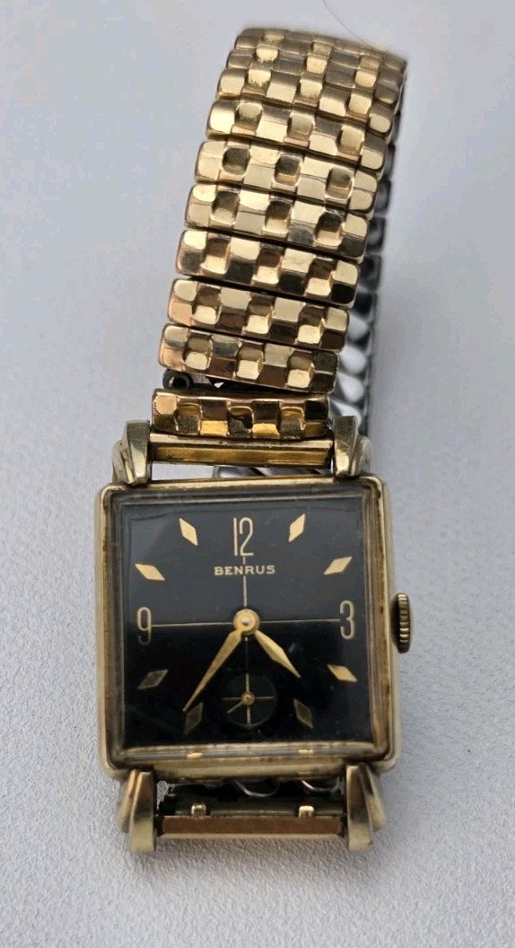 Benrus Vintage 1940s Manual Wind Rectangular Dress Watch Black Dial Gold