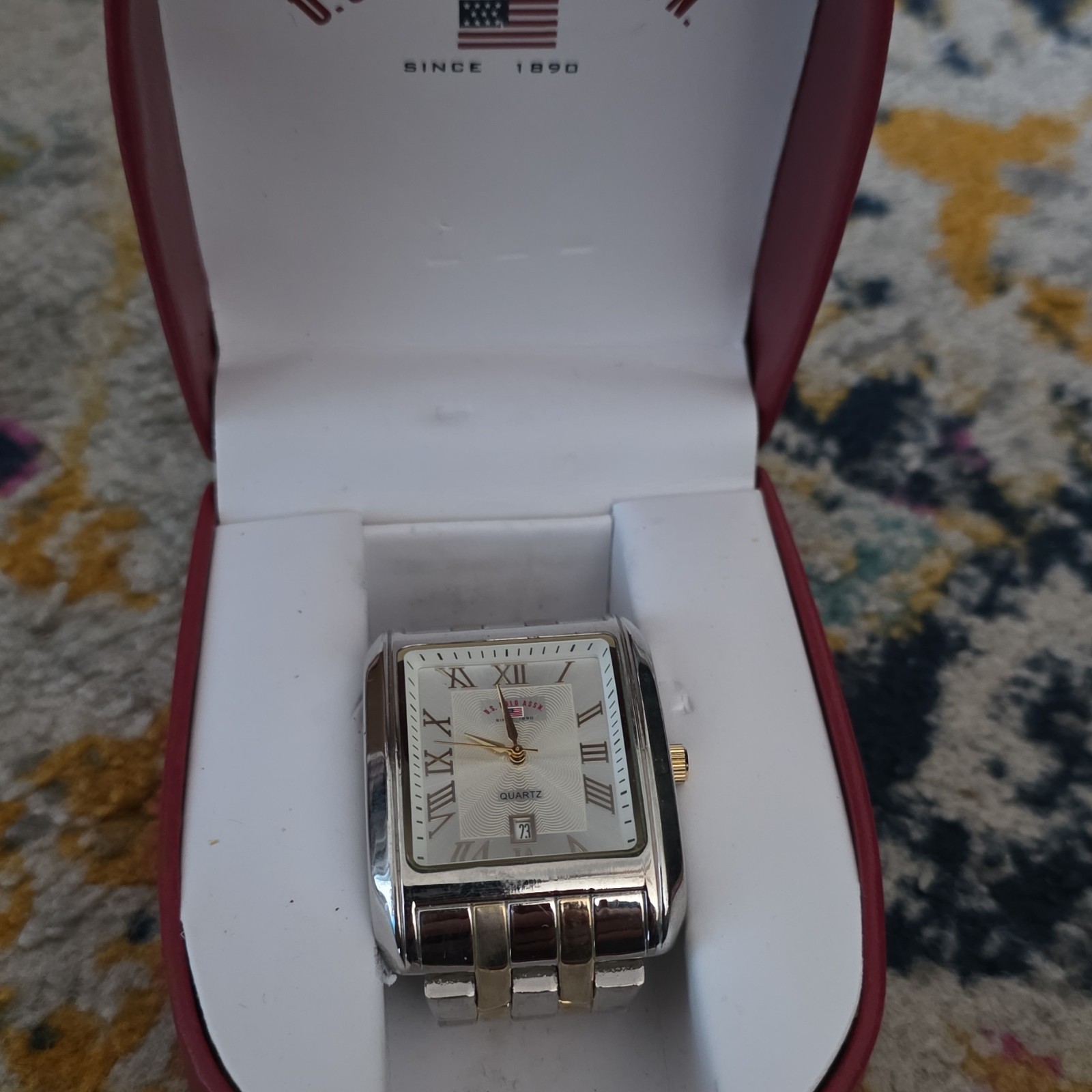 U.S. Polo Assn. Men’s Quartz Rectangular Two-Tone Metal Bracelet Watch Date Box