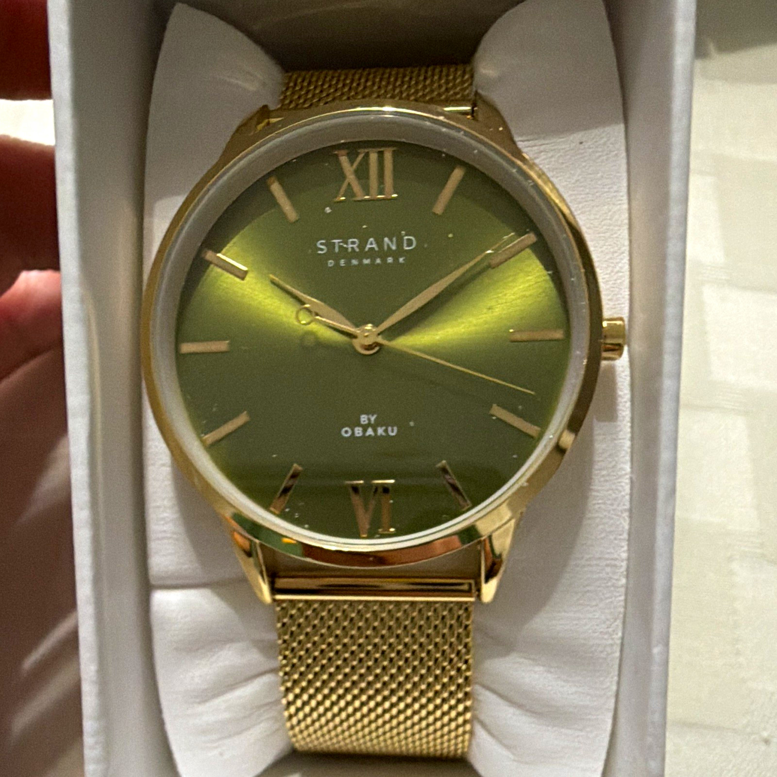 Strand Denmark by Obaku Quartz Analog Watch Green Dial Gold Mesh Band 30m