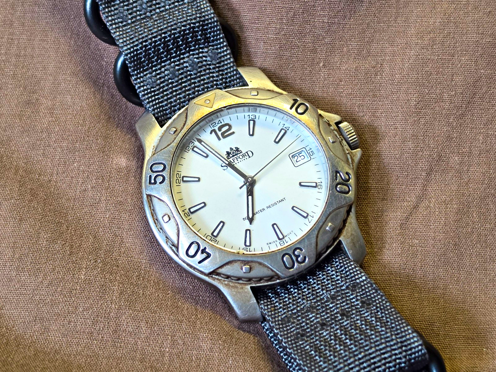 Stafford Quartz Analog Sport Watch White Dial Date Silver Case Gray Fabric