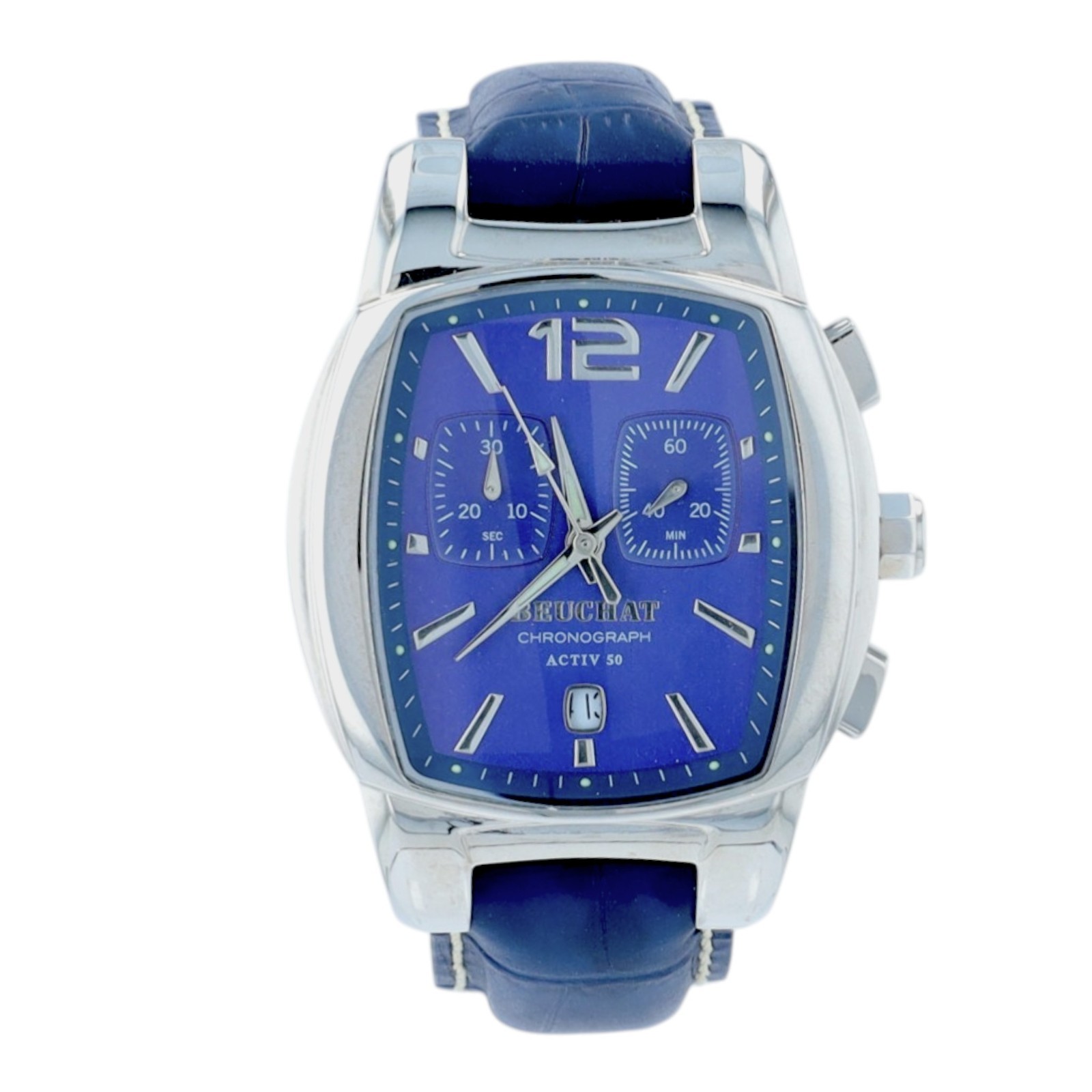 Beuchat Activ 50 Mens Chronograph Watch Blue Dial Swiss Steel 200M Date Quartz