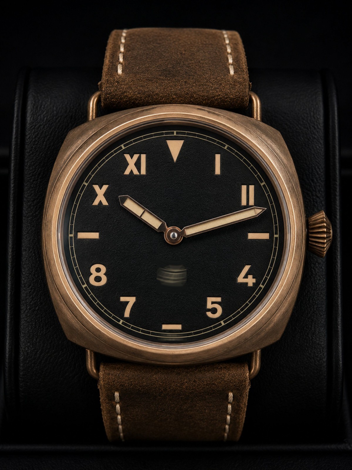 44mm Manual Wind Mechanical Watch Bronze Case Black Dial Suede Strap New