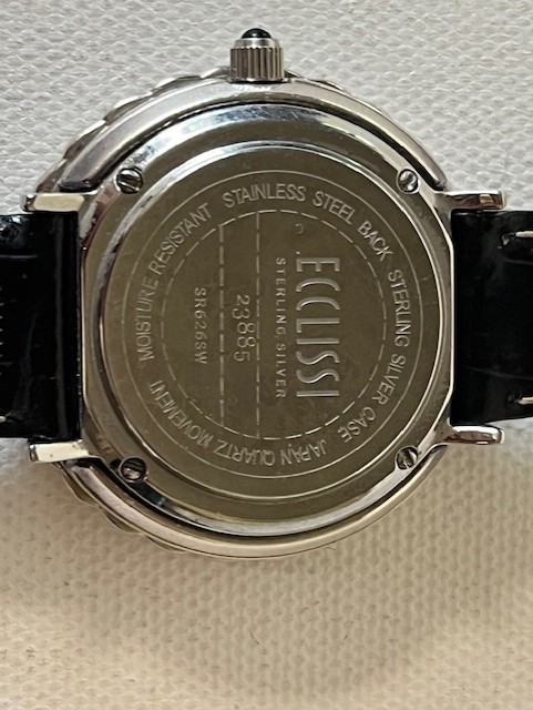 Ecclissi Sterling Silver Watch with Black Leather Band Mother of Pearl Face