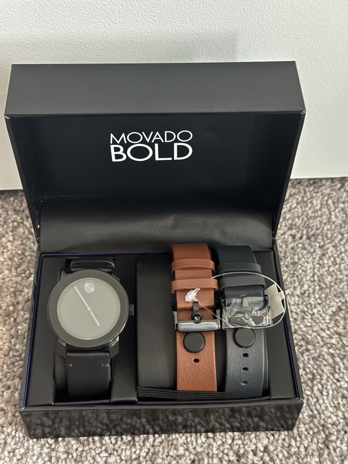 Movado Bold Men’s Watch Gift Set w/ Black, Navy, Brown Straps NIB