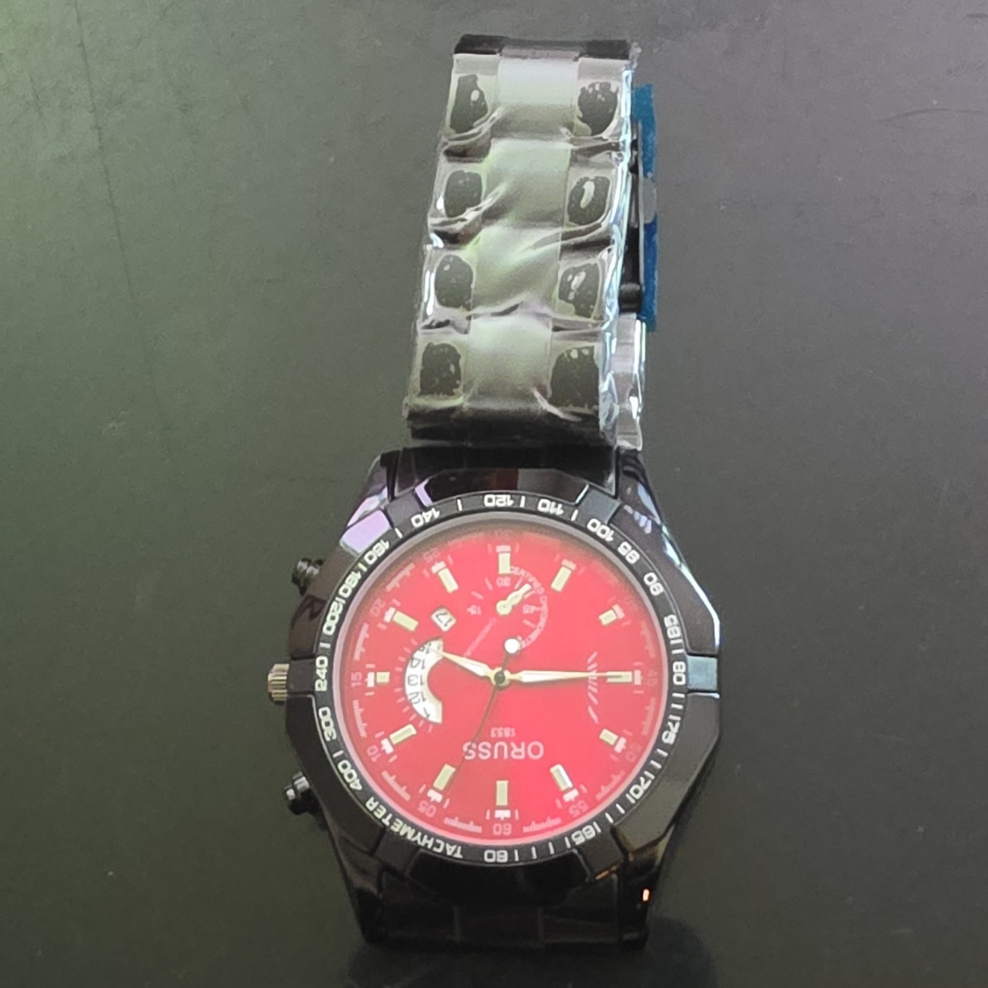 ORUSS 1853 Men’s Quartz Chronograph Tachymeter Red Dial Steel Bracelet
